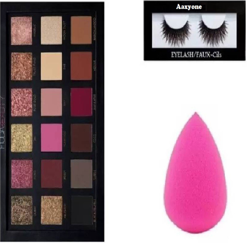 aaxyone Eyelash And Huda Beauty Textured Eye Shadow Palette- Rose Gold Edition And Blender Puff(3 Items in the set)