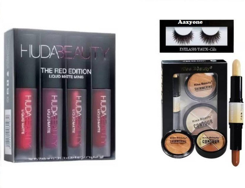 aaxyone Eyelash And Huda Beauty Red Edition And Kiss Beauty 3 in 1 Contour kit ((Set of 3)