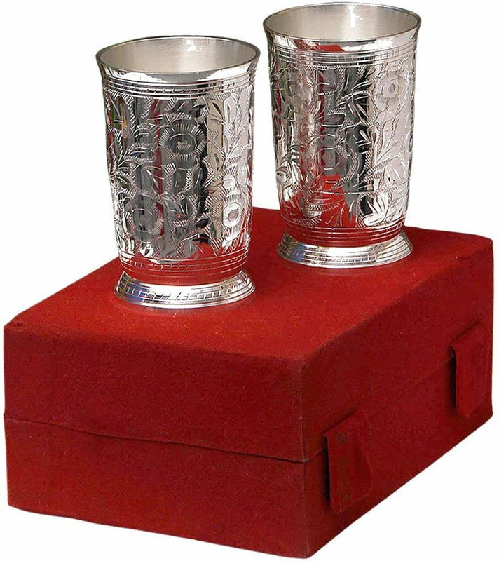 crizon Silver Plated Brass Water Glasses Set of 2 Pieces Glass Set(Silver Plated, 100 ml, Silver, Pack of 2)