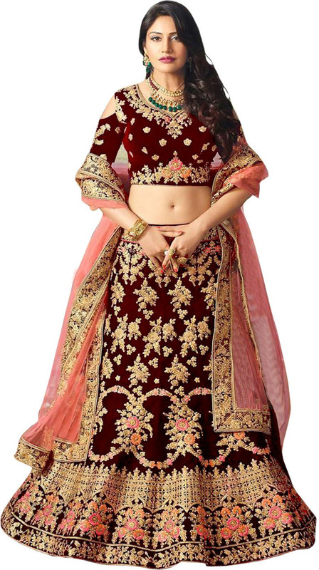 westcoaston Embroidered Semi Stitched Lehenga, Choli and Dupatta Set(Brown)