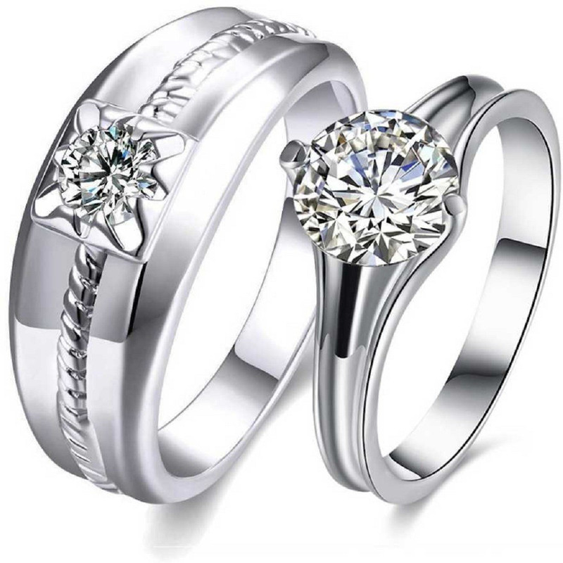 dev jewellers ADJUSTABLE LOVE COUPLE BAND RING Alloy Cubic Zirconia Silver Plated Ring Set Alloy Cubic Zirconia Silver Plated Ring Set