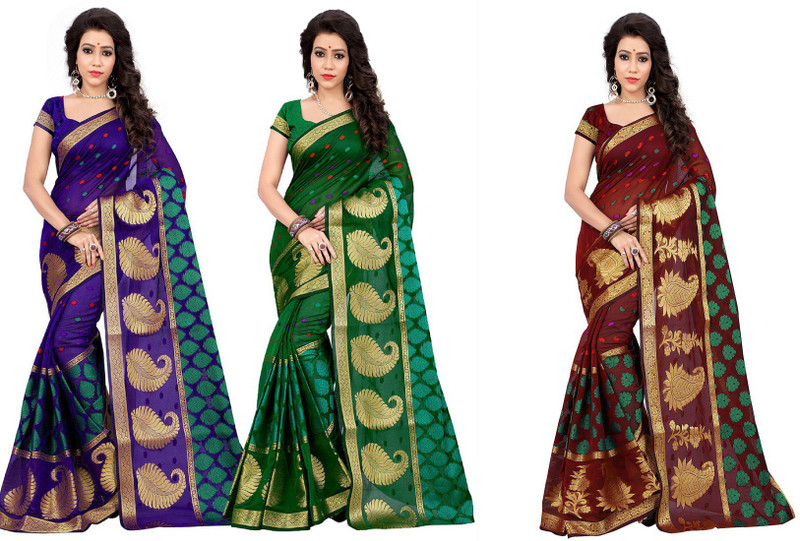 jayant creation Self Design, Woven Assam Silk Poly Silk Saree(Pack of 3, Green, Maroon, Blue)
