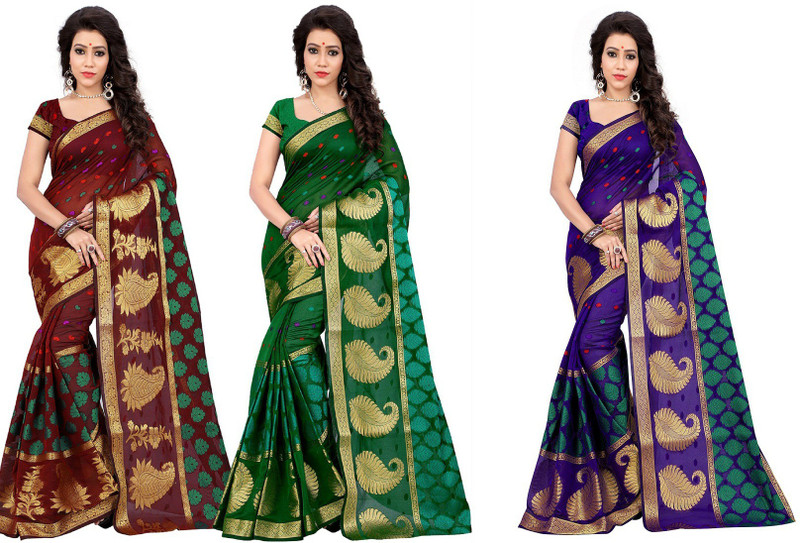 prcreation Paisley Fashion Poly Silk Saree(Pack of 3, Multicolor)
