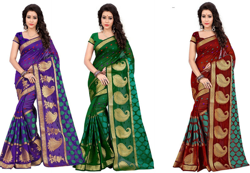 jayant creation Paisley Fashion Poly Silk Saree(Pack of 3, Multicolor)