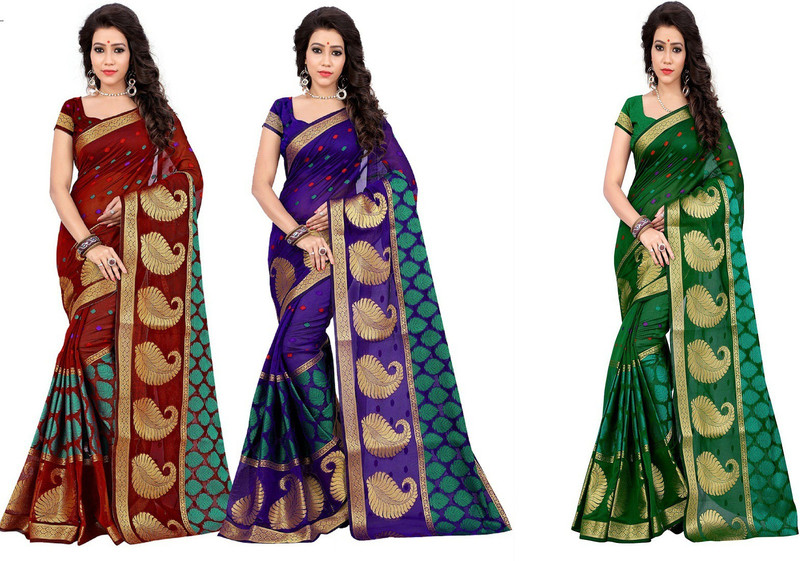 jayant creation Paisley Fashion Poly Silk Saree(Pack of 3, Multicolor)
