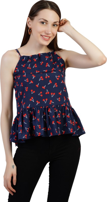 Dare Above All Casual Sleeveless Printed Women Blue Top