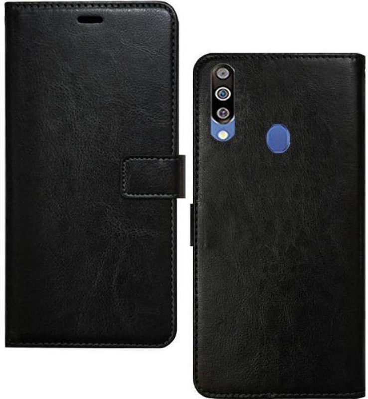 mhub Flip Cover for Samsung Galaxy M30(Black Leather, Wallet Case, Dual Protection)