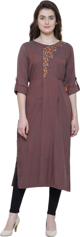 selfie Casual Embroidered Women Kurti(Brown)