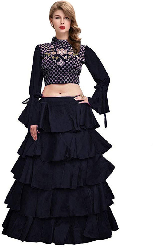 bandidhari fashion Embroidered Semi Stitched Lehenga & Crop Top(Black)