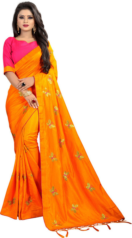 g fashion studio Solid, Embroidered, Self Design Daily Wear Silk Saree(Yellow)