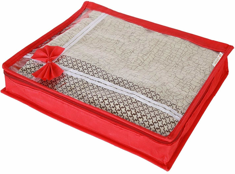 KANUSHI Set of 12 Pc Flower Design Transparent Saree Cover/Bag with Stainless Steel Zip Lock Combo (Red) (Large)(Red)