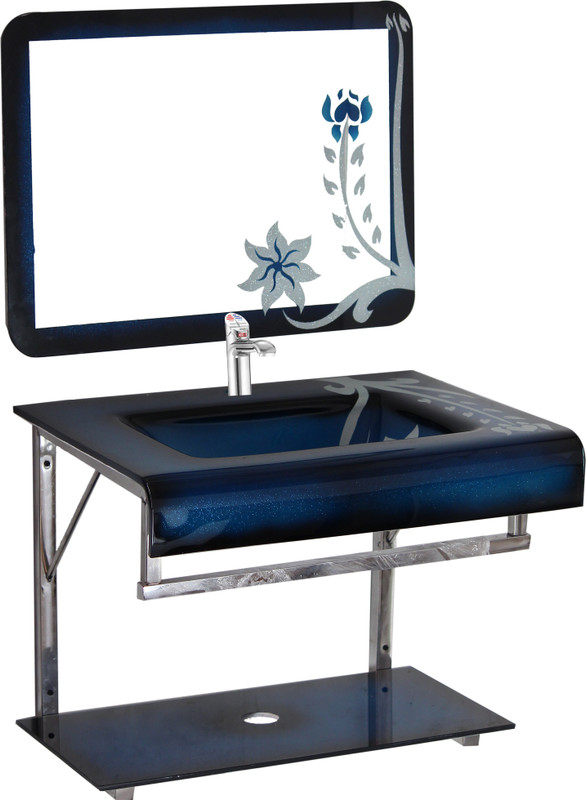 vision glass Blue Flower 005 wash basin with mirror & steel stand Wall Hung Basin(Blue)