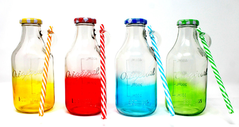 hkc house Glass Premium Milk, Water, Oil and Juice Bottle with Air Tight Cap,, Clear Set of 4 Glass Mug(400 ml, Pack of 4)