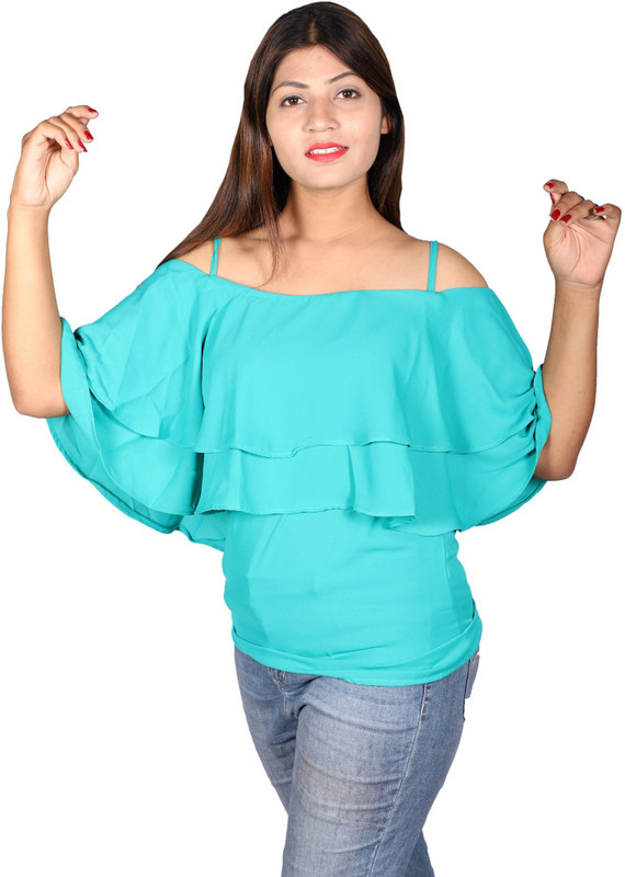 cnsfashions Casual Noodle strap Solid Women Light Blue Top