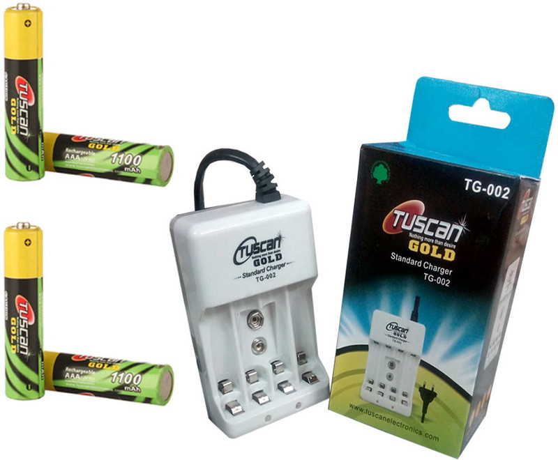 Tuscan GOLD (TG002) BATTERY CHARGER FOR (AA,AAA AND 9V BATTERIES) & (4 PCs) AAA 1100 mAh RECHARGEABLE BATTERIES(PAGER batteries) Camera Battery Charger(Silver)