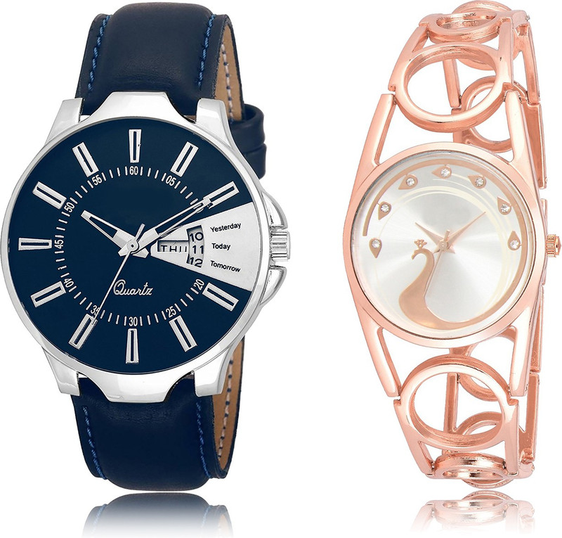 loretta Fresh Fashion Day & Date LR_23_232 Blue & Rose Gold Peacock In Round Dial Couple Combo Smart Analog Watch  - For Men & Women