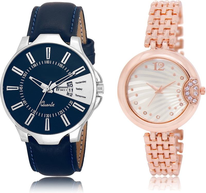 loretta Fresh Fashion Day & Date LR_23_228 Blue Leather Strap & Rose Gold Metal Chain Strap Round Dial Couple Combo Smart Analog Watch  - For Women