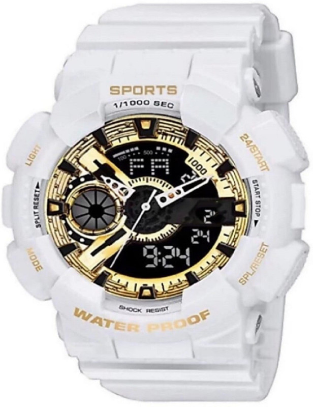 tylor TLR001 MULTI FUNCTION SHOCK RESIST WHITE DAY DATE MR F SERIES GOLDEN WHITE COMBO UNISEX FORMAL FANCY TRENDING SPORT WATER PROF LED LIGHT Analog- Analog-Digital Watch  - For Men & Women