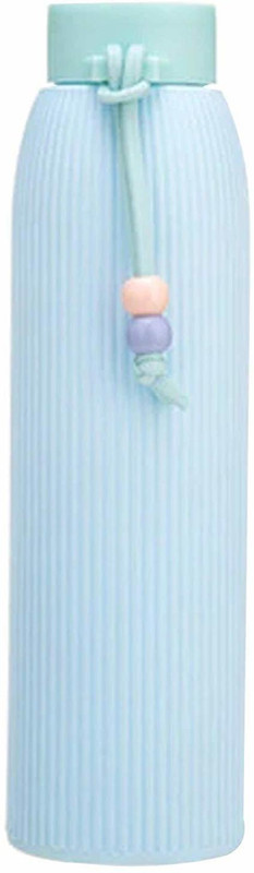 vihanoverseas Ribbons Glass Water Bottle with Plastic Insulation Enclosure (Blue) 500 ml Bottle(Pack of 1, Blue)