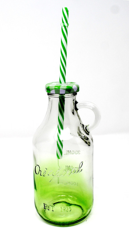 hkc house Clear Glass Bottle Transparent with Reusable Straw Metal Lid Vintage Mason Jar for Party Drinking Smoothie Milkshake Juice Set of 1 Glass Mug(450 ml)