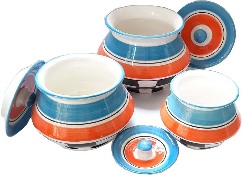 mushti ceramic casserole handi set of 3 for serving dishes Handi 0.2 L, 0.5 L, 0.3 L with Lid(Stoneware)
