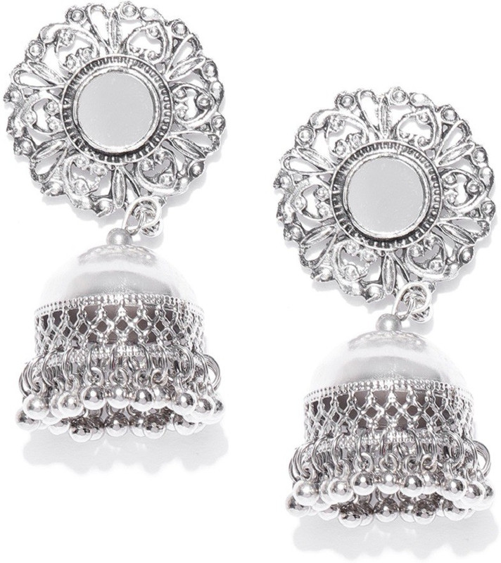 Nityakshi Kashmiri Afghani Triple Layer Big Jhumka Women S Girl S Oxidized Silver Pearl Mirror Work Designer Green meenakari earrings for women and girls bollywood ethnic traditional jhumka earrings for women traditional jhumkas indian jewelry dangle earrings.