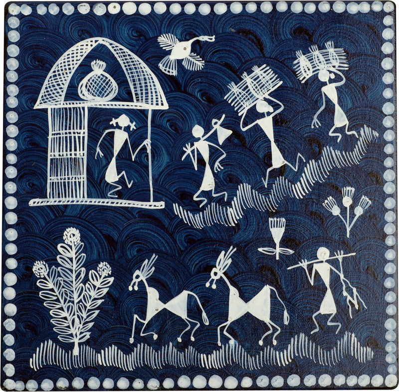 universal tribes Warli Art Wooden Hot Plate For Home & Kitchen ( Blue ) Plate