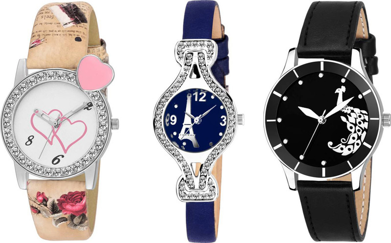 leaperd Heart In Love Pattern Combo Of Three Multicolour 66 Women And Girls Analog Watch  - For Girls