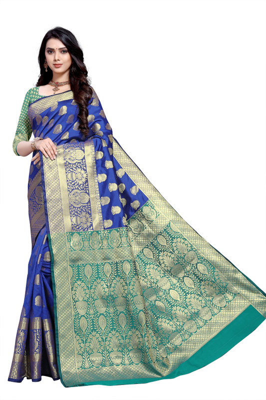 pooja Self Design Banarasi Art Silk Saree(Purple, Blue)