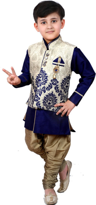 fab fashions Boys Festive & Party Kurta, Waistcoat and Breeches Set(Blue Pack of 1)