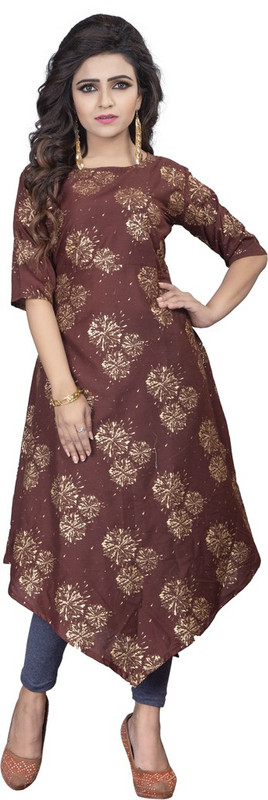baba rayon Casual Block Print Women Kurti(Brown)