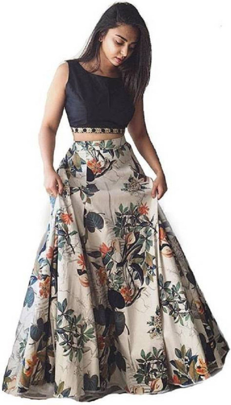 jahal fashion Floral Print Semi Stitched Lehenga with Crop Top(Dark Blue, Beige)