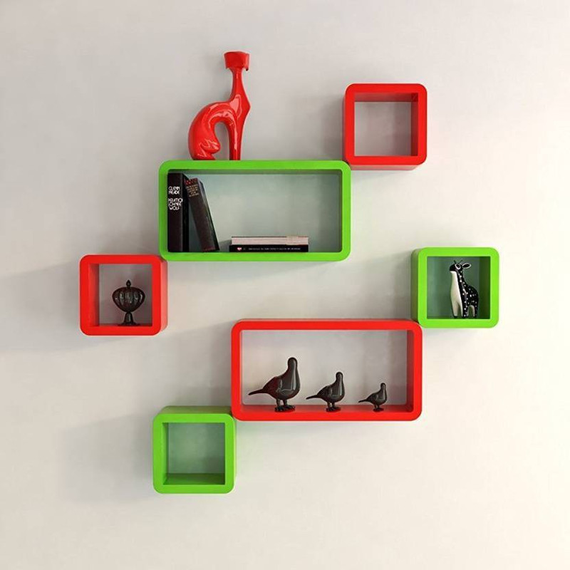 sky art Wall Shelf Rack Rectangle. MDF (Medium Density Fiber) Wall Shelf(Number of Shelves - 6, Red, Green)