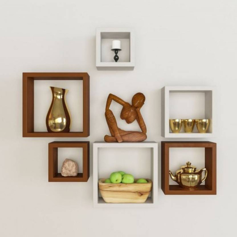 sky art DESIGNER BEAUTIFUL WALL FLOATING SHELF (SET OF 6) MDF (Medium Density Fiber) Wall Shelf(Number of Shelves - 6, Brown, White)