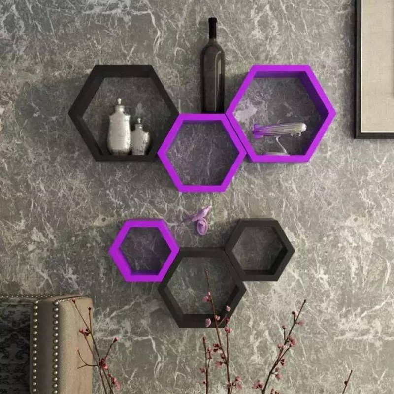 sky art Beautiful Handmade Wooden MDF Hexagon Shape Set of 6 Floating Wall Shelves MDF (Medium Density Fiber) Wall Shelf(Number of Shelves - 6, Black, Purple)