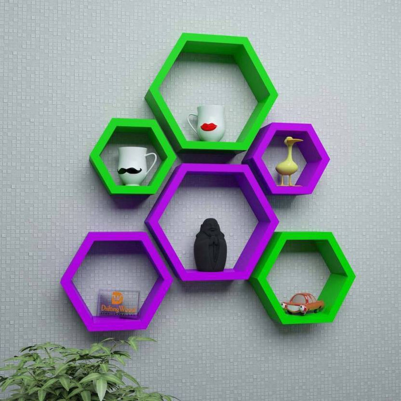 sky art Beautiful Handmade Wooden MDF Hexagon Shape Set of 6 Floating Wall Shelves (Orange - White) MDF (Medium Density Fiber) Wall Shelf(Number of Shelves - 6, Purple, Green)