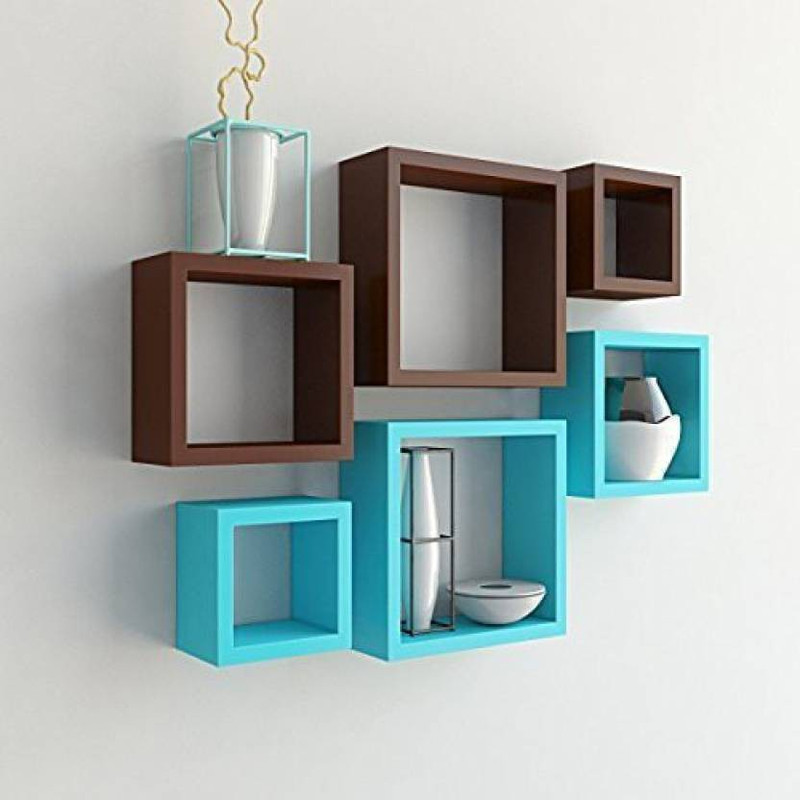 sky art MDF (Medium Density Fiber) Wall Shelf(Number of Shelves - 6, Brown, Blue)