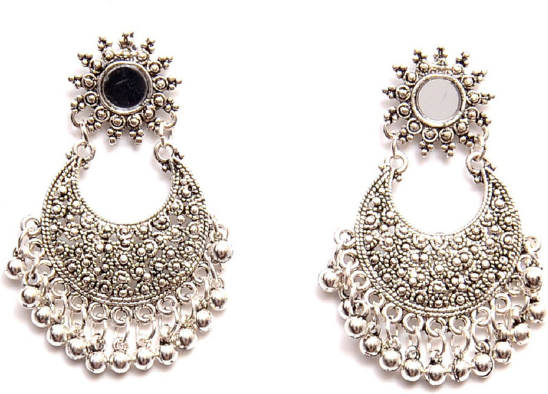 fashion giri German Silver Half Moon Design Mirror Work Alloy Chandbali Earring