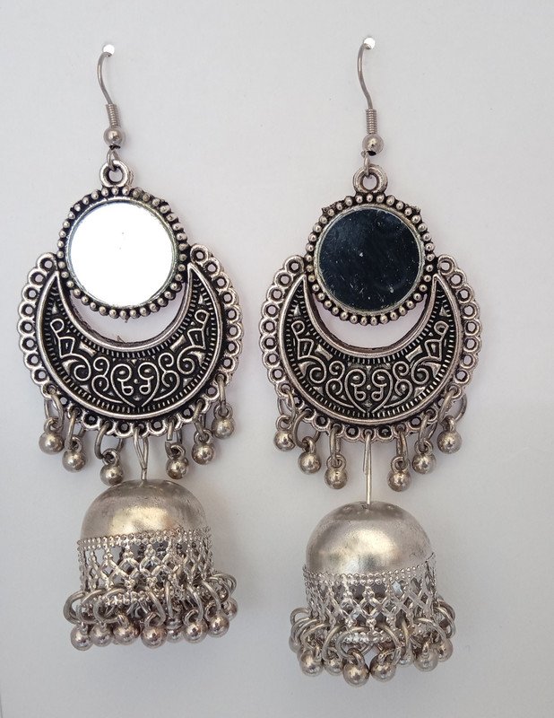 fashion giri Afgani Silver Half Moon Design Mirror Work Acrylic Chandbali Earring