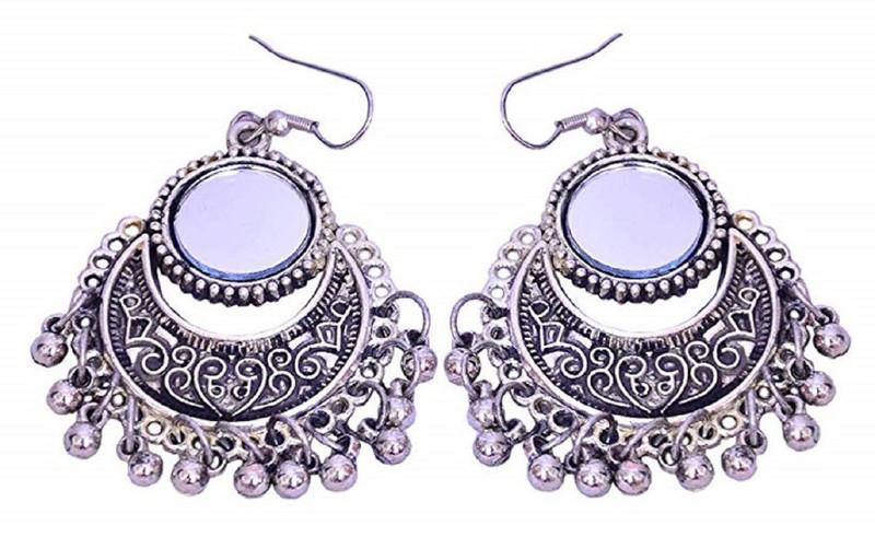 fashion giri Afgani Silver Half Moon Design Mirror Work Acrylic Chandbali Earring