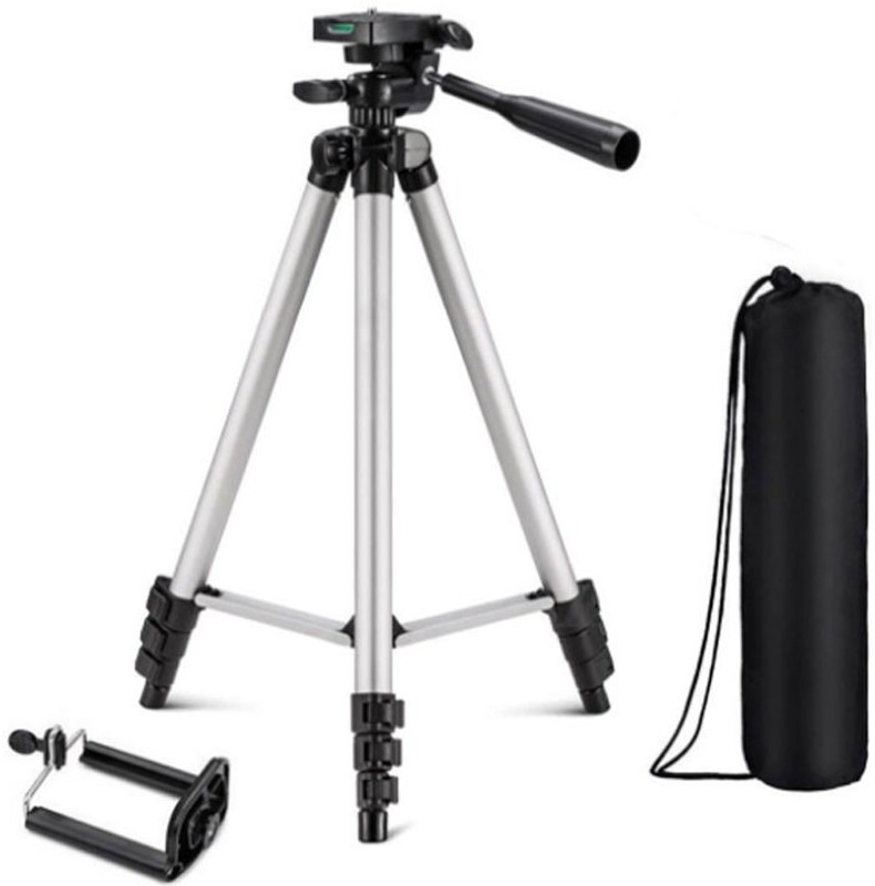 snowbudy Portable Tripod-3110 Extendable Camera and Mobile Stand With Three-Way Head & Quick Release Plate For Digital Cameras and mobile clip holder for Mobiles & Smartphones Tripod(Silver, Black, Supports Up to 1500 g)