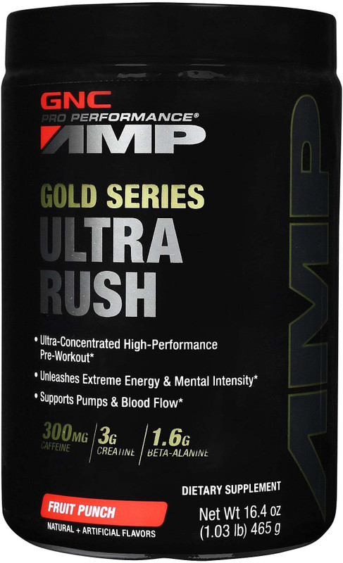 GNC AMP Gold Series Ultra Rush Pre-Workout Supplement EAA (Essential Amino Acids)(465 g, Fruit Punch)