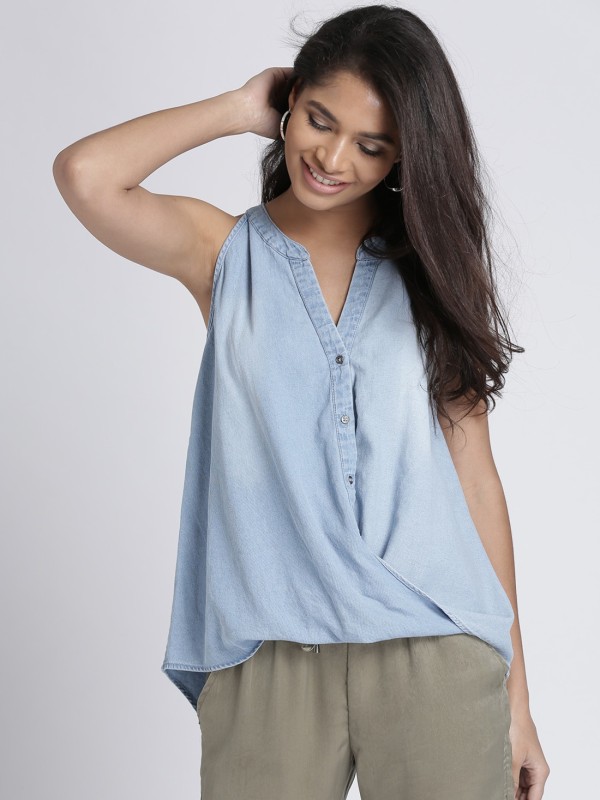 Chemistry Casual No Sleeve Washed Women Blue Top