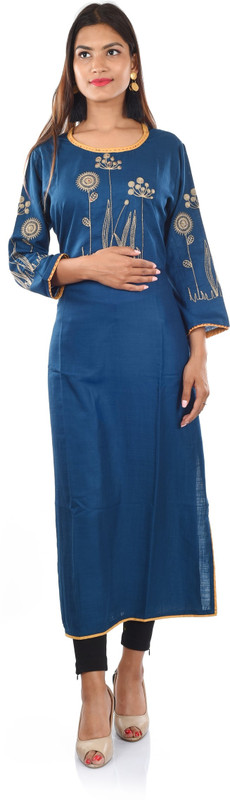 fab veda Women Embroidered Straight Kurta(Dark Blue, Blue)