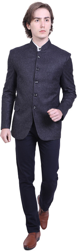 silver magnate black-Bandhgala-woolen Solid Men Suit