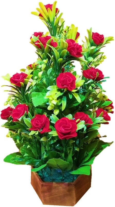 flower paradise Artificial flower With Wooden Pot Red, Green Rose Artificial Flower  with Pot(15 inch, Pack of 1)