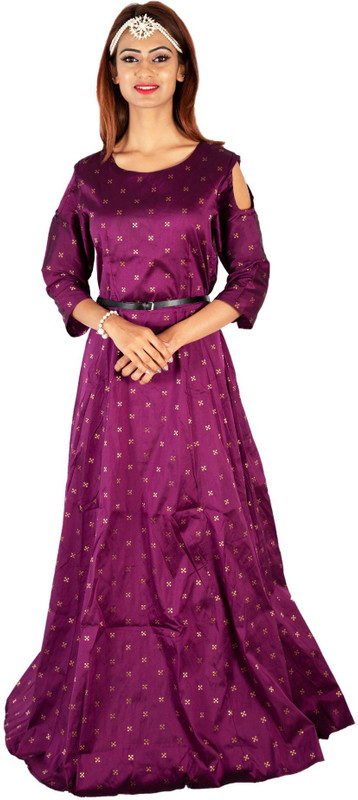 deltin Women Gown Purple, Gold Dress
