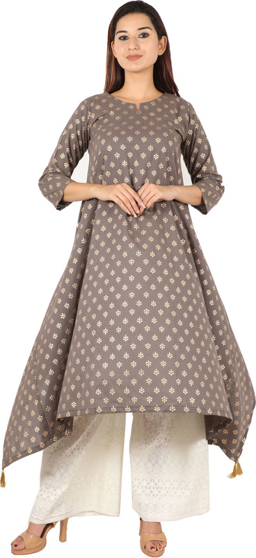 anak Women Printed Asymmetric Kurta(Grey)