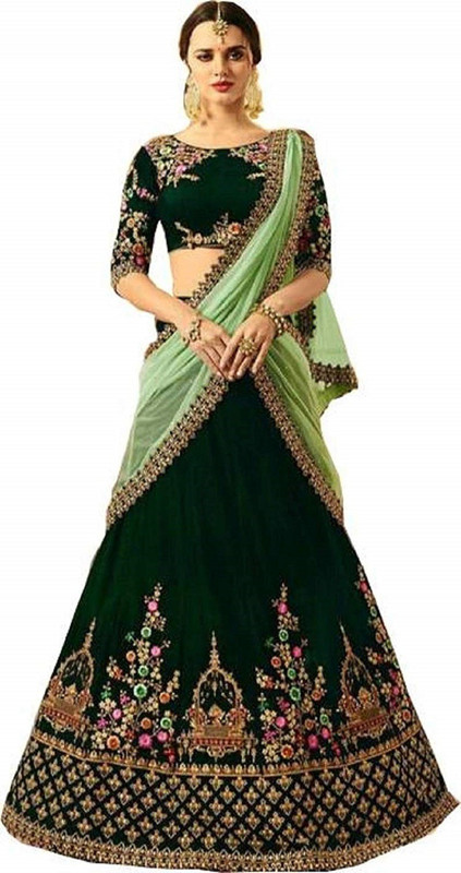 fashionable villege Embroidered Semi Stitched Lehenga, Choli and Dupatta Set(Dark Green)