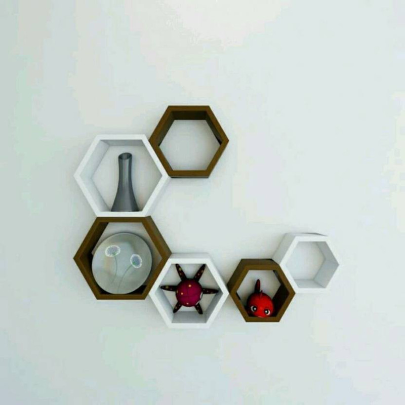 wood city handicrafts wooden hexagon shelf for home decor MDF (Medium Density Fiber) Wall Shelf(Number of Shelves - 6, Brown, White)